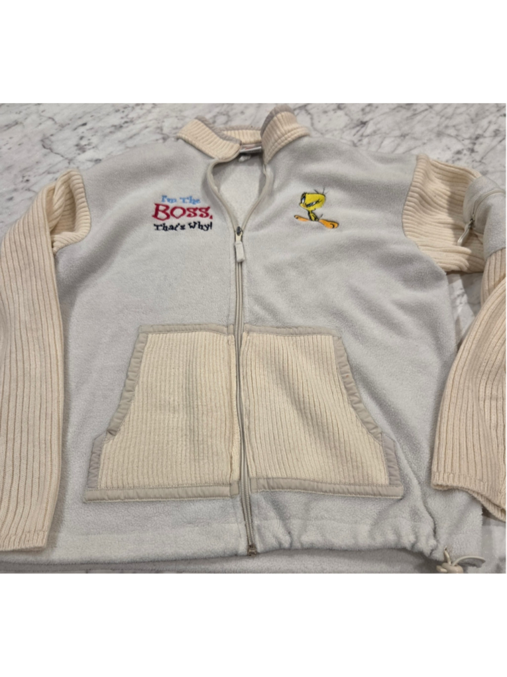 SIZE NOT FOUND Women's Looney Tunes Fleece Zip-Up Sweatshirt White Beige